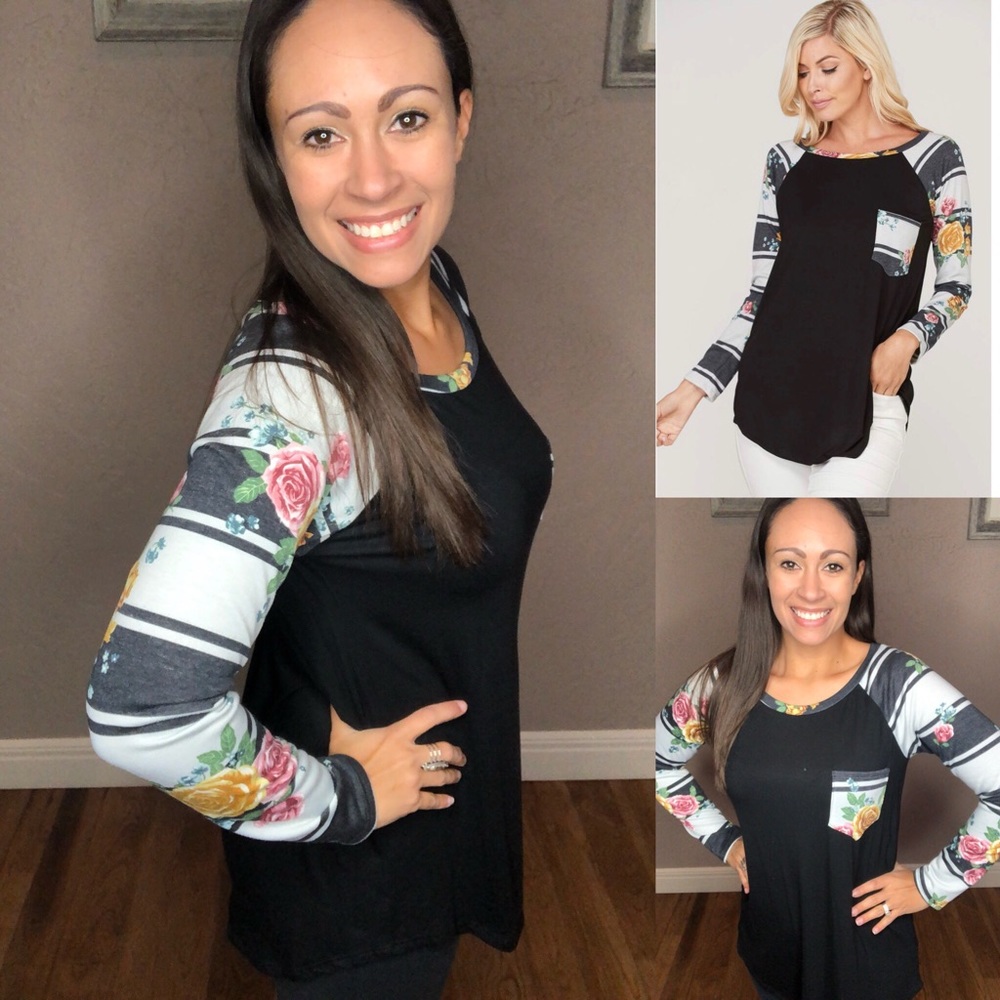 New Ivory Floral Striped Crew Neck Long Sleeve Top